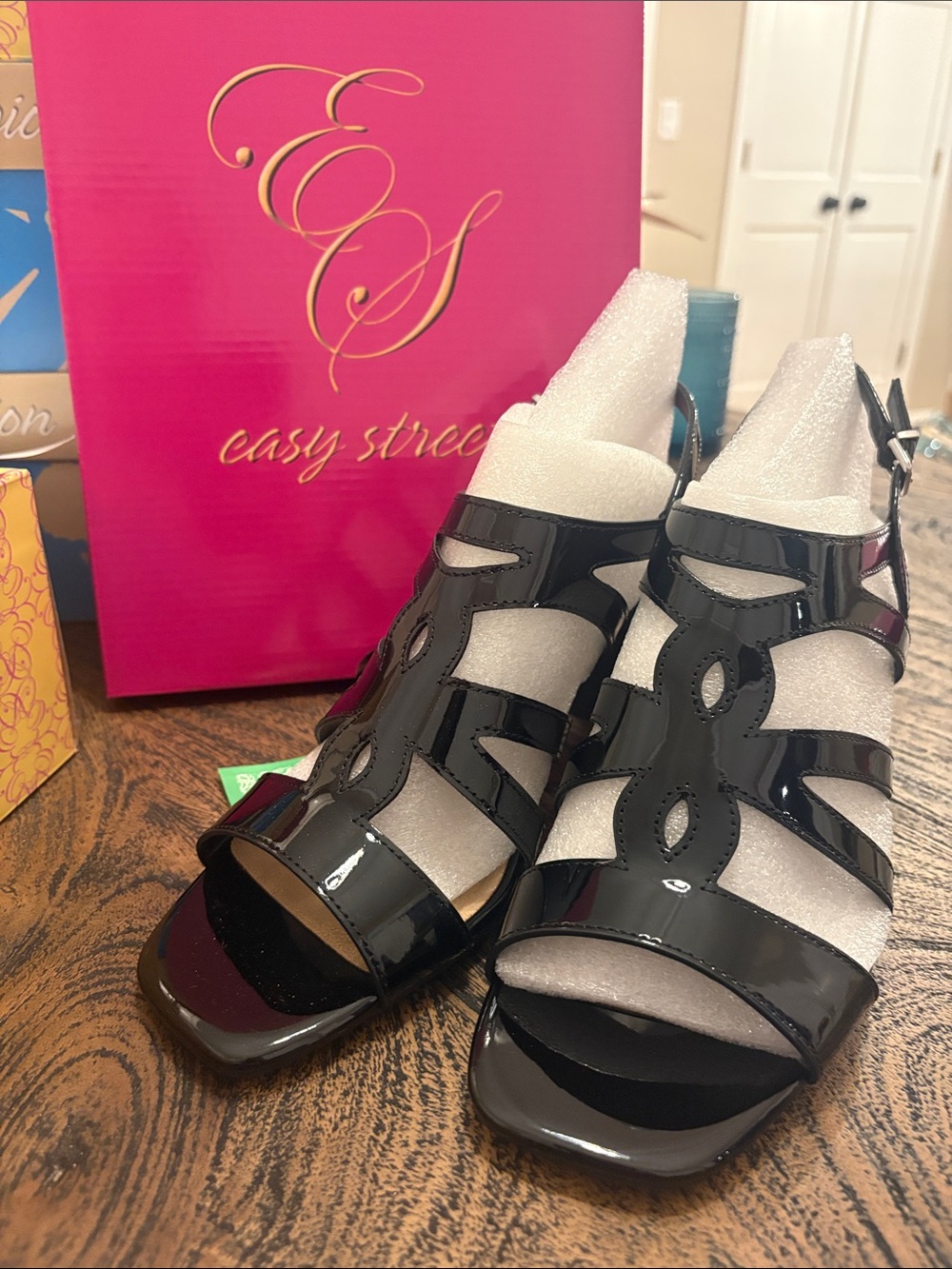 easy street Black Patent Open-Cut Dress Sandals